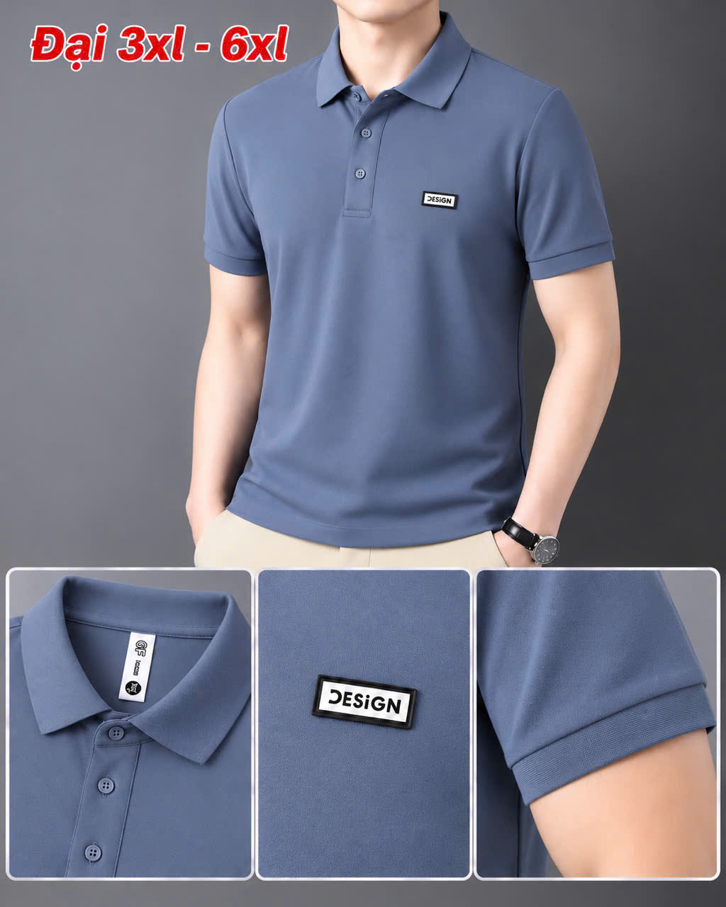 Áo thun nam cổ trụ giá sỉ 00078 – size đại gắn tem logo chữ nhật ngực trái (Xanh xám) - xưởng sỉ Hoàng Hưng