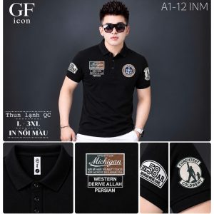 Áo thun nam cổ trụ giá sỉ 00079 – in nổi màu nhiều miếng đắp ngực và tay (Đen) - xưởng sỉ Hoàng Hưng