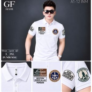 Áo thun nam cổ trụ giá sỉ 00079 – in nổi màu nhiều miếng đắp ngực và tay (Trắng) - xưởng sỉ Hoàng Hưng