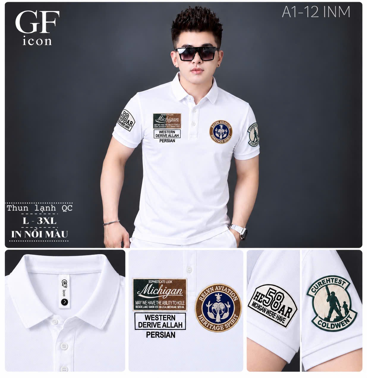 Áo thun nam cổ trụ giá sỉ 00079 – in nổi màu nhiều miếng đắp ngực và tay (Trắng) - xưởng sỉ Hoàng Hưng