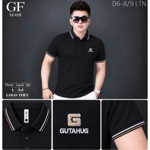 Áo thun nam cổ trụ giá sỉ 00082 – logo thêu chữ G vuông ngực trái, bo cổ kẻ be (Đen) - xưởng sỉ Hoàng Hưng