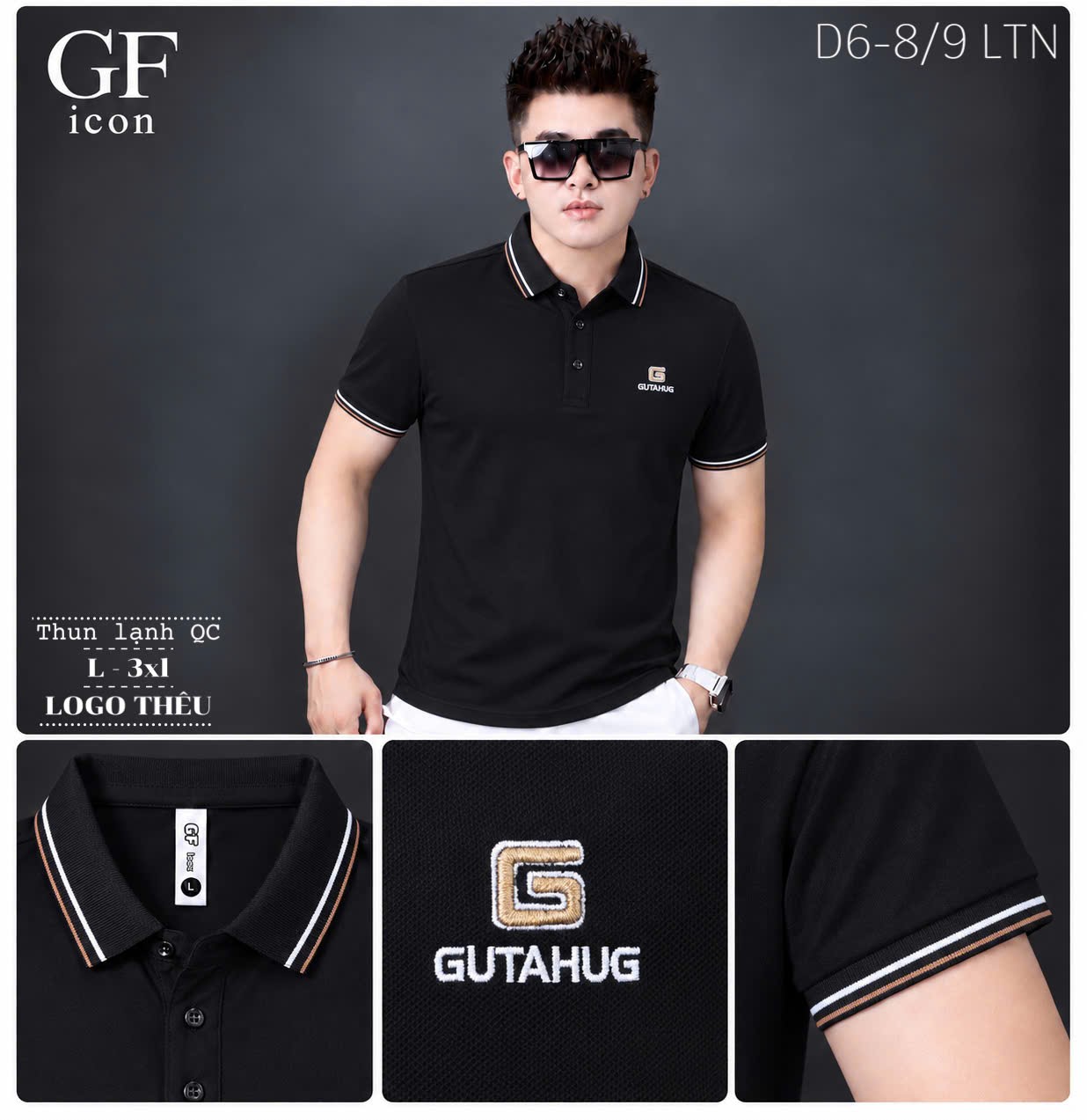 Áo thun nam cổ trụ giá sỉ 00082 – logo thêu chữ G vuông ngực trái, bo cổ kẻ be (Đen) - xưởng sỉ Hoàng Hưng