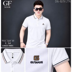 Áo thun nam cổ trụ giá sỉ 00082 – logo thêu chữ G vuông ngực trái, bo cổ kẻ be (Trắng) - xưởng sỉ Hoàng Hưng